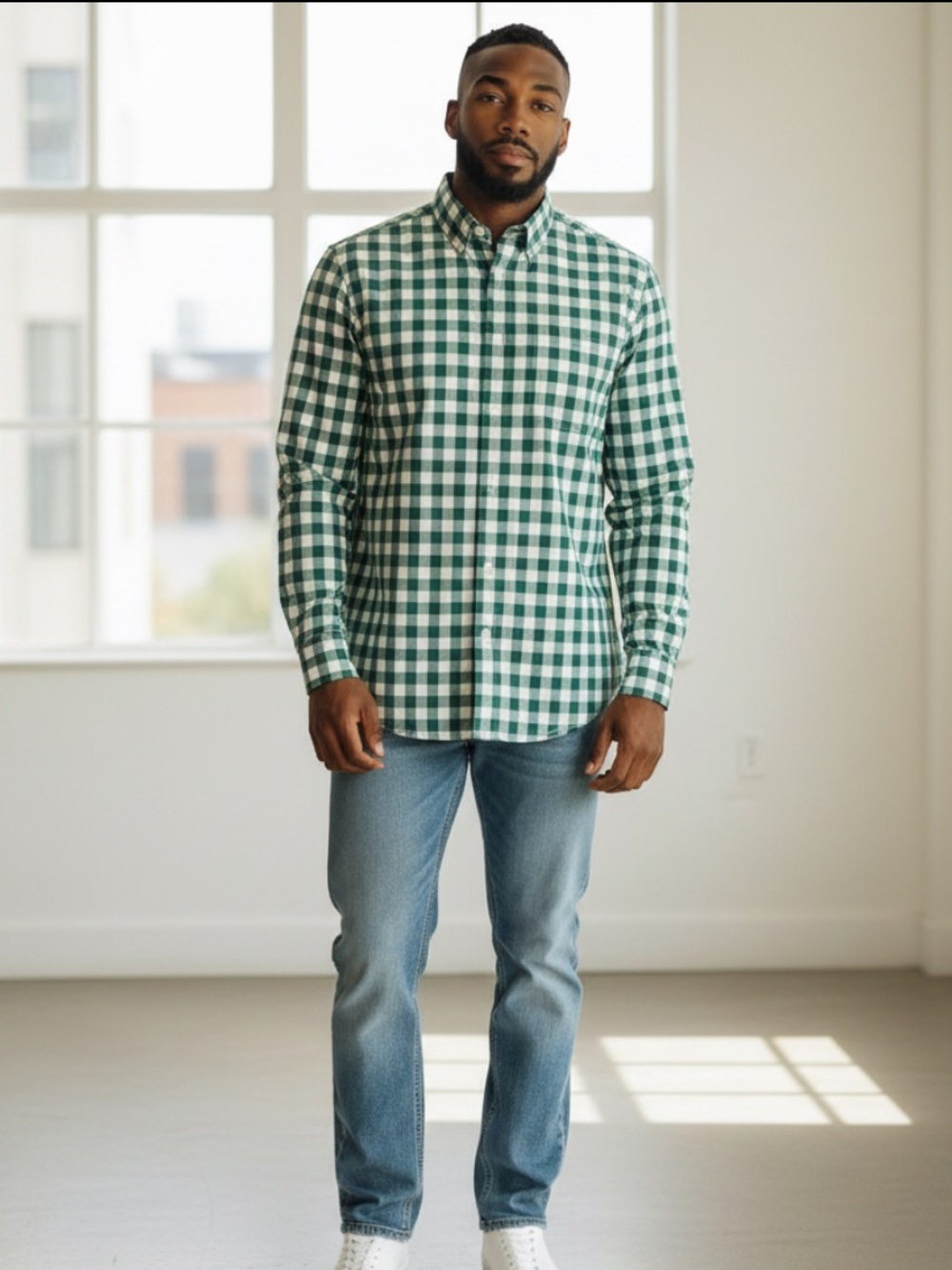 Banana Republic Luxe Stretch Poplin Green Gingham Button-Down Shirt - Men's
